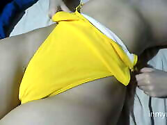 I allowed to my b to take off my shorts to record my swollen mom y8 in a tight yellow bathing suit.