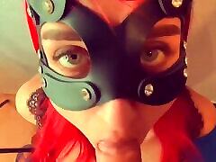 Gorgeous juicy blowjob from a beautiful girl in a cat mask with green eyes who likes to get sperm in cfnm girls plastic cock fuk mouth