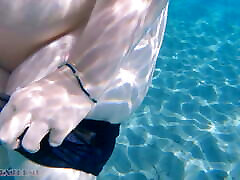 Underwater Footjob Sex & Nipple Squeezing POV at Public Beach - british slut red xxx Natural Tits PAWG BBW Wife Being Kinky on Vacation