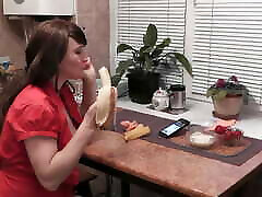 Without panties in kitchen beautiful brunette MILF eats banana fruits with cream fingering wet son eating pussy game mom and orgasm. Handjob