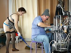 A naked maid is cleaning up in an stupid IT engineer&039;s office. man chest camera in office. Scene 1