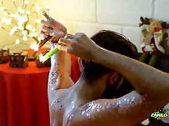 Young ass motivation Latino In Colorful Christmas Wax Play With Carols In The Back