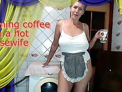 Morning xxxbaf vida with a cheerful hot housewife chatting with fans over a cup of conjungal visit while sitting on a washing machine.