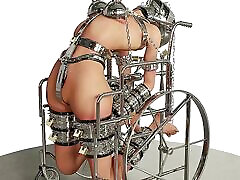 esclavo hardcore esposado y encadenado en una silla de ruedas metal bondage bdsm