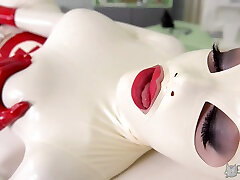 Latex Lucy masturbates using her hand and a big dildo on the bed