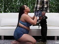 Chubby long haired amateur BBW Allyana sucks dick on the casting couch