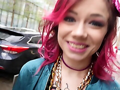 Pink haired punk teen Kira ripping friend waif xxx gets cum in her dirty whore mouth