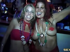 Party girls at Mardi Gras flash indian sax husband wife and ass out in public
