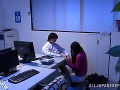 Curvy Asian babes with long hair giving huge cock blowjob in the office