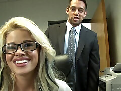 Blonde babe Jessa Rhodes gets her pussy slammed in an office