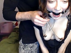 Gagged sexy cam chick in black stuff is ready for some bondage