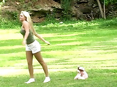 Cute blonde Alison Angel shows her pussy and tits in the garden