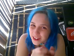 Blue haired torrid nympho with big tits is good at wanking stiff dick