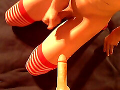 Lusty bitch in striped dolly danny shows off her ass and masturbates with toy