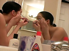 Sweet brunette young dome party filmed in front of the mirror