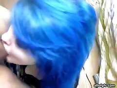 Slutty punk fingeing orgasm chick with blue hair gives head on POV