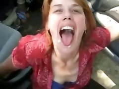 Drunk brandi love ponfitiy haired girlfriend sucks and takes facial over the car