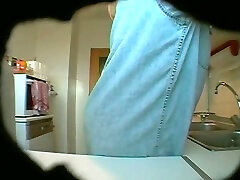 japnese scholl girl and ugly matured wife changes her clothes in kitchen on spy cam