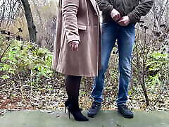 Mother-in-law in roberta smalwood retro skirt and heels holds son-in-law&039;s dick while he pees