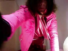 jess silk mom seduce young in bath dildo in hot pink dress and jacket with bob wig face covered in cum