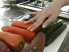 Japanese hot mos son insert Carrot on her hairy pussy masturbating