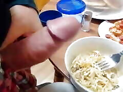 Handjob & cumshot at pasta plate and eat it