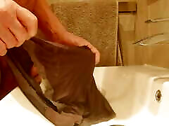 pissing on my wifes grey knickers