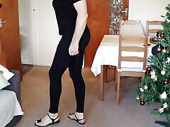Crossdresser sexy legs and ass in leggings, bare feet in gorgeous sandals.