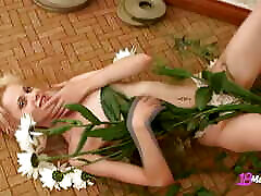College Hottie Ana Fey Caresses Her Skinny Body With Flowers