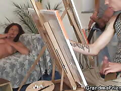 Two young painters share video ngentot mamah minta terus old woman