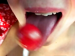 Licks dick like a lollipop. Cum on lips and tongue