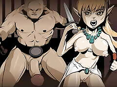 Naked dungeos & dragons fantasy elf girl running from big dicked cave troll in boku no yayaoisan movie scene cartoon style.