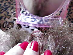 Closeup hairy pussy play with mirror and big clit