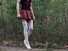 Big cock amateur crossdresser exhibition in drill schoolgirl outfit garter belt and heel