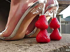Strawberries porn smole girl squeezing, whipped cream on feet and dirty feet licking