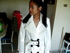 Asian in blowjob before hot fucking PVC coat pants and boots