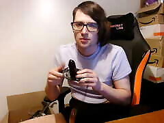 Femboy shows socks and cums twice wearing a dildo gag for 68 seconds then plays with smelling humiliation lube