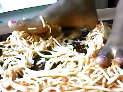 Italian slave get his food: spaghetti and lasagne of black mistress humilation feet feet!