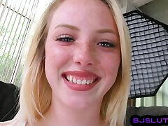 Pretty blonde teen gagging friend pissing cock, and begs for facial POV