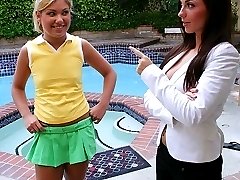 Mature brunette starts hot lesbian toy and finger action with young blonde