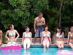 Cock greedy Japanese cuties take cocks in their throats during a party
