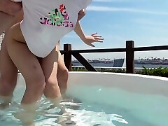 Young Chinese chick is fucked in the pool and indoor