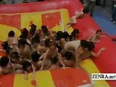 Subtitled huge group of Asian nudists oil wrestling