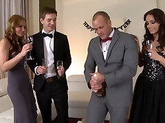 Exotic porn industry stars Sophie Lynx and Abbie Cat in horny group sex, mature adult scene