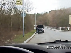 Redhead teen flashing big tits to stranger in his car