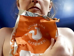 Convenience eating! Heartbroken Rachel Wriggler struggles to hold back the tears as she eats Popeyes for breakfast at 6pm