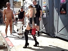 Buxomy mature exhibitionist with groping in public
