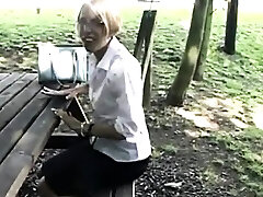 Platinum-blonde hirsute granny outdoor anal