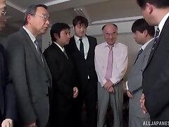 Huge-boobed Asian slut gets gang banged by horny businessmen