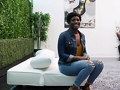 Short haired black girl Kelly gets her palms on a white dick